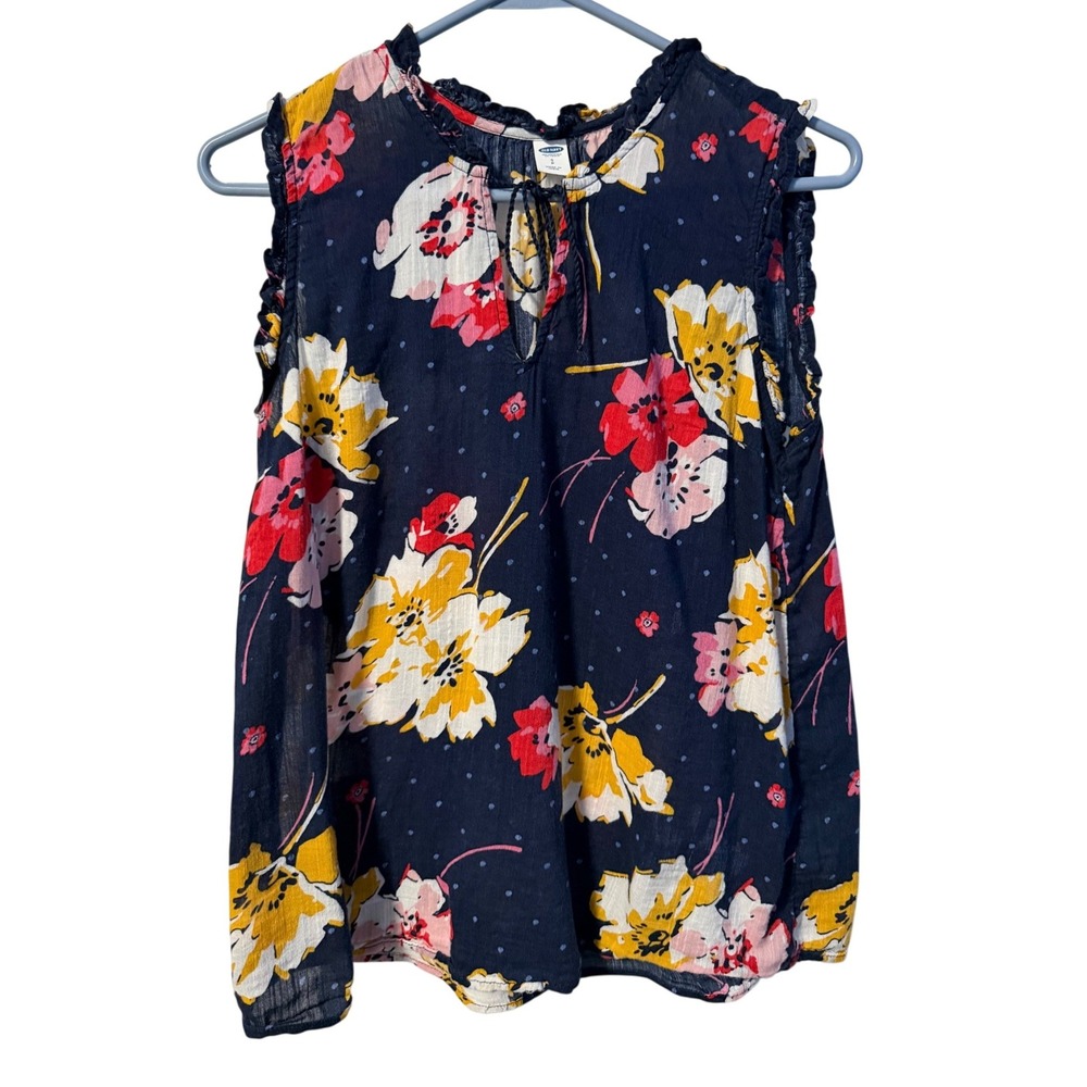 Old Navy Floral Blouse Women S Navy Blue Ruffle Keyhole
